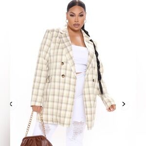 Fashion Nova tan & white plaid blazer jacket 1XL NWOT